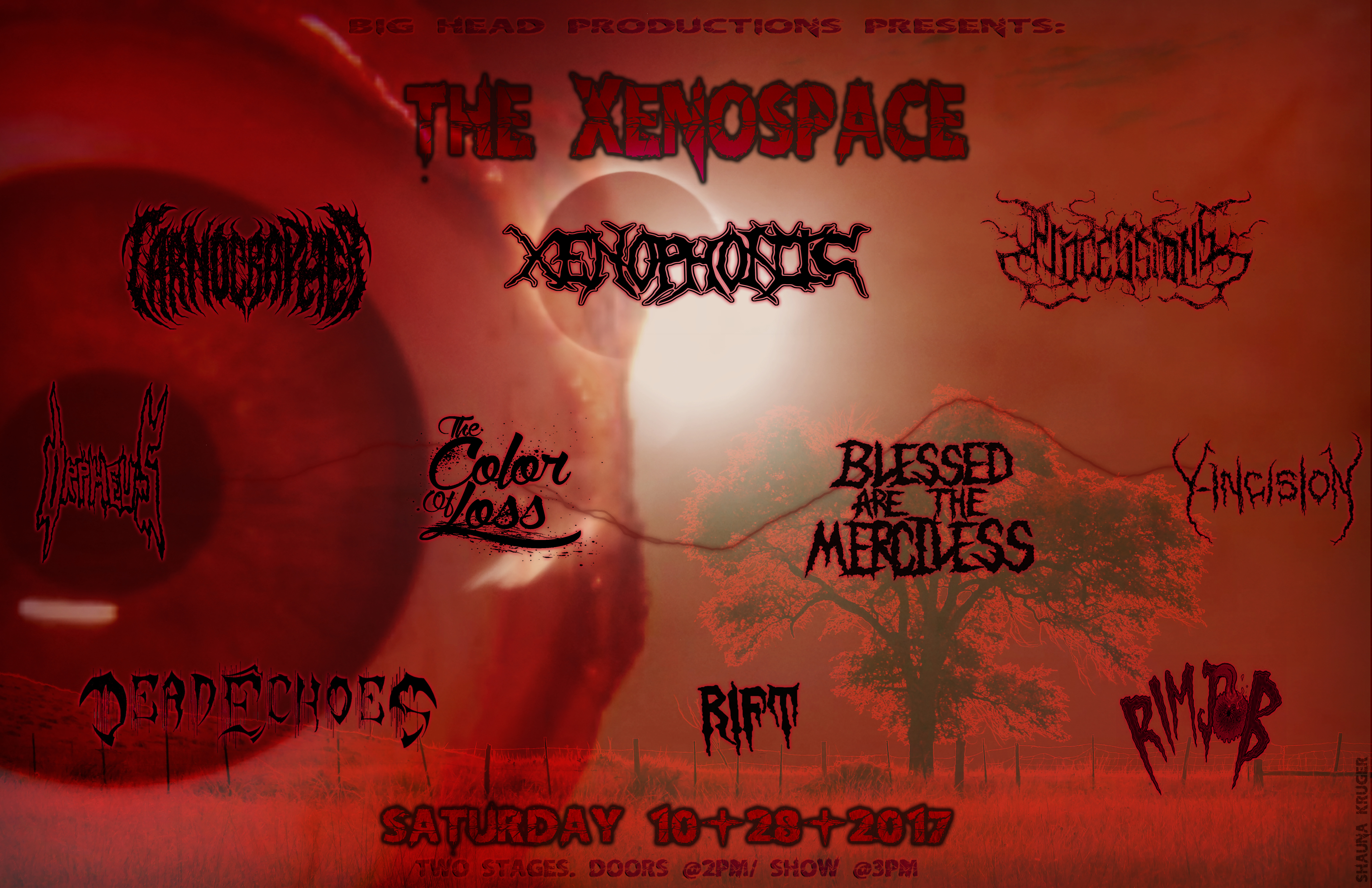 Xenoween, Xenospace, Big Head Productions, Xenophonic, Carnographer, Orpheus, Processions, Deadechoes, Y-Incision, Rift, Blessed Are the Merciless, Rimjob, House Show, flyer, Shauna Kruger