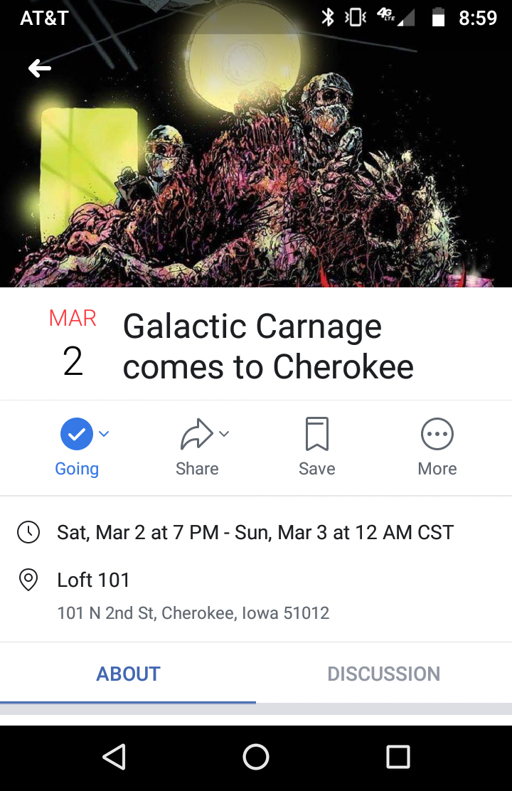 Galactic Carnage, Carnographer, Xenophonic, Dark Arrival, Ancient Elm, Loft 101, Cherokee, Iowa