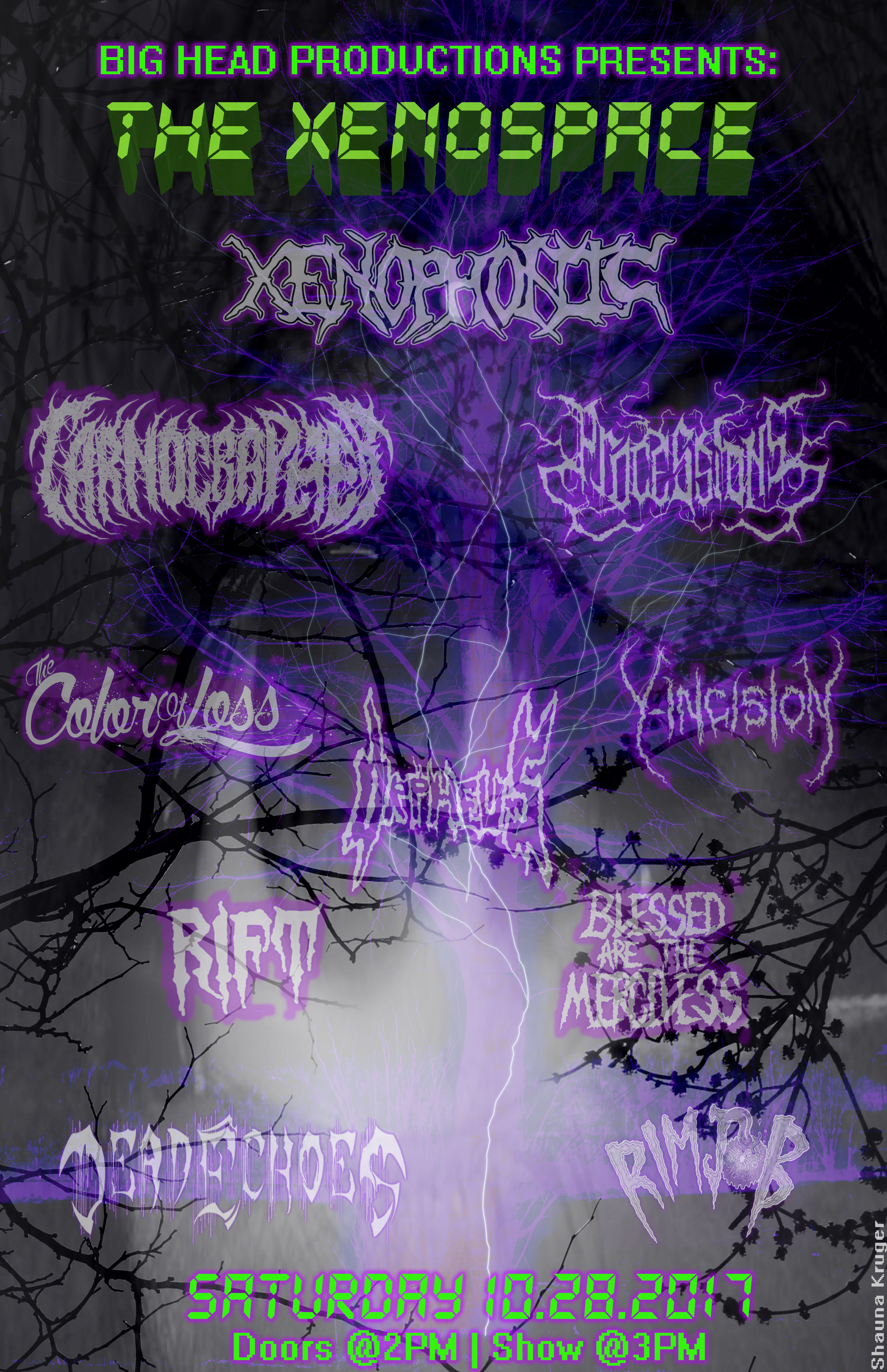 Xenoween, Xenospace, Big Head Productions, Xenophonic, Carnographer, Orpheus, Processions, Deadechoes, The Color of Loss, Y-Incision, Rift, Blessed Are the Merciless, Rimjob, House Show, flyer, Shauna Kruger